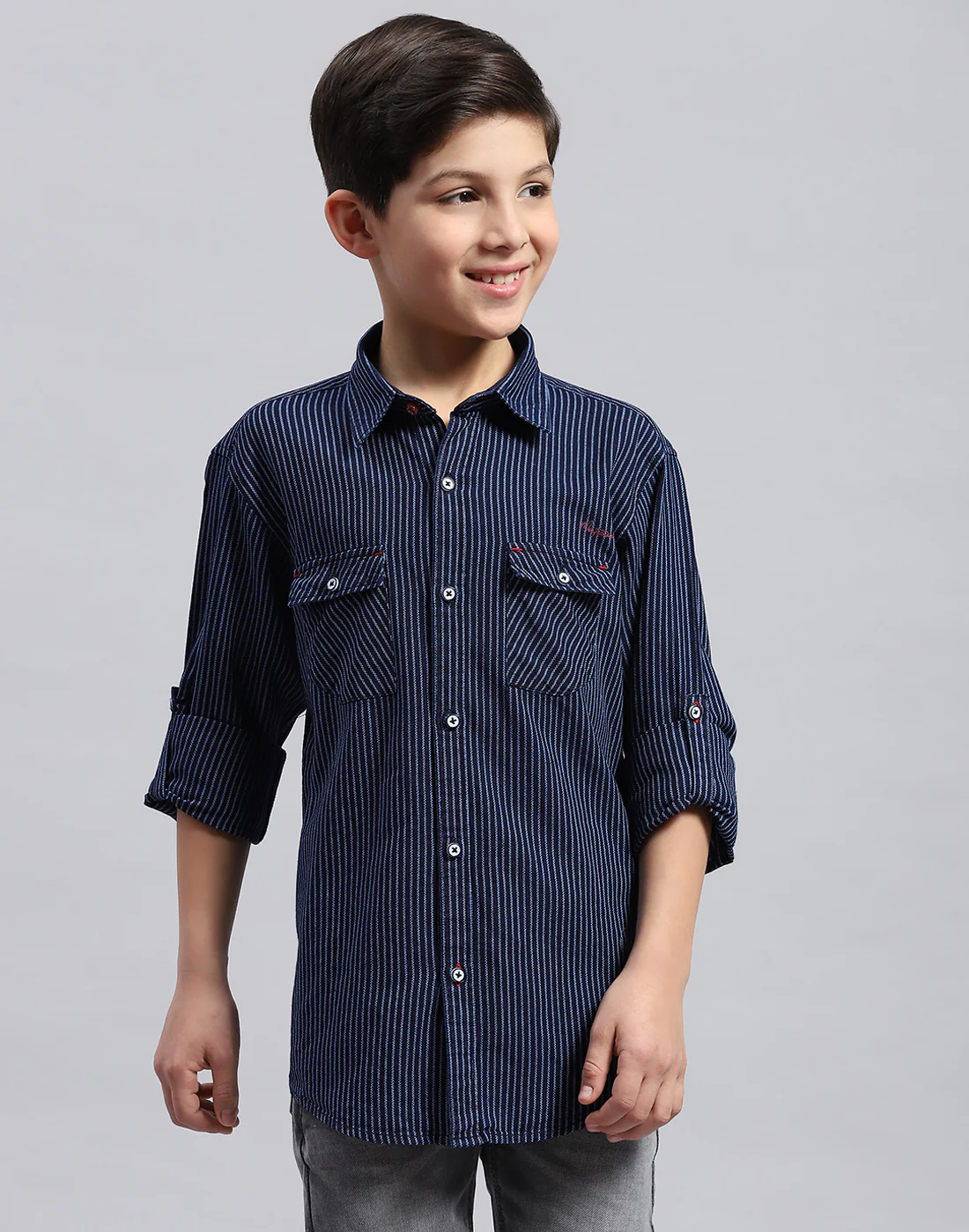 Boys Navy Blue Stripe Collar Full Sleeve Shirt - Image 2