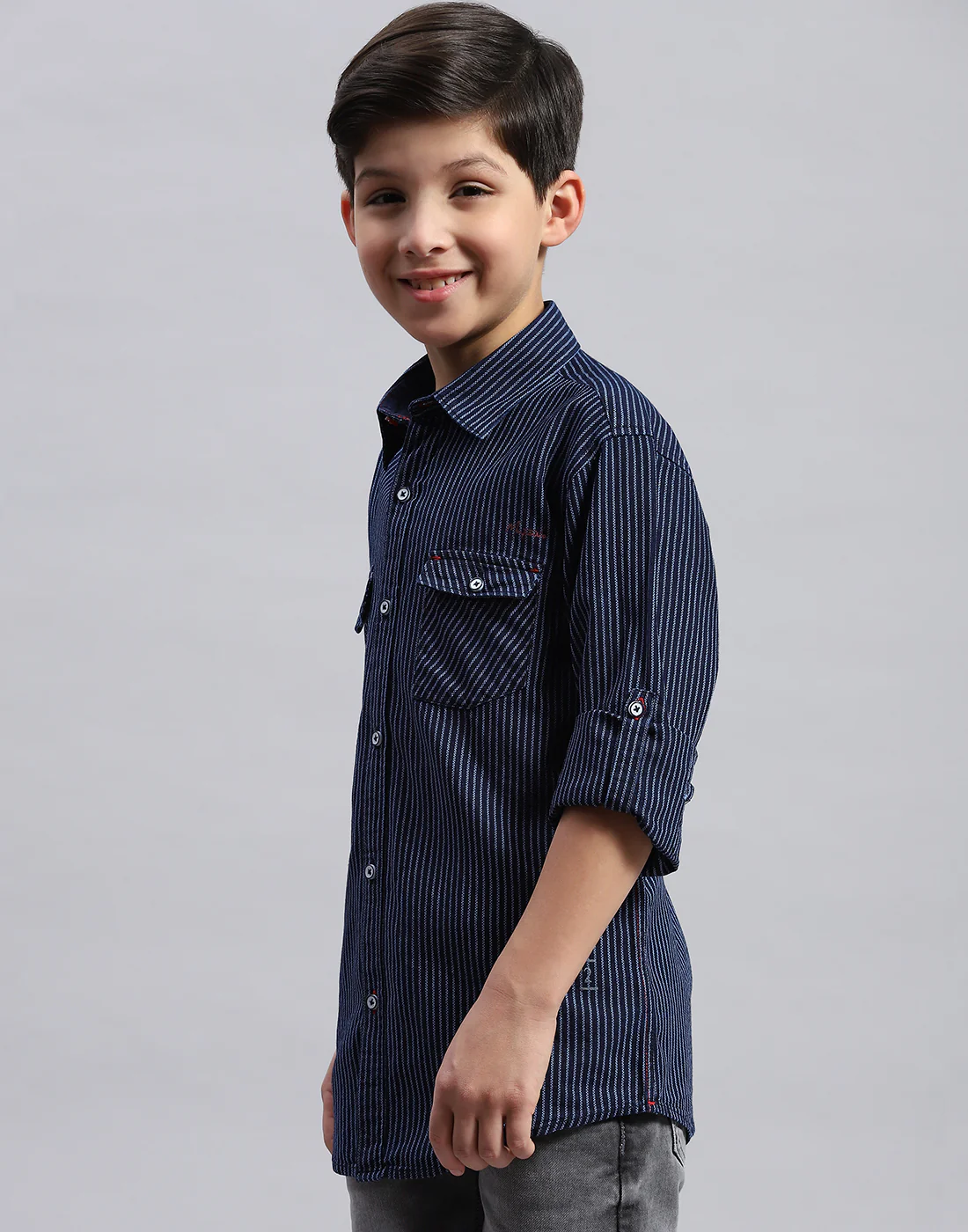 Boys Navy Blue Stripe Collar Full Sleeve Shirt - Image 3