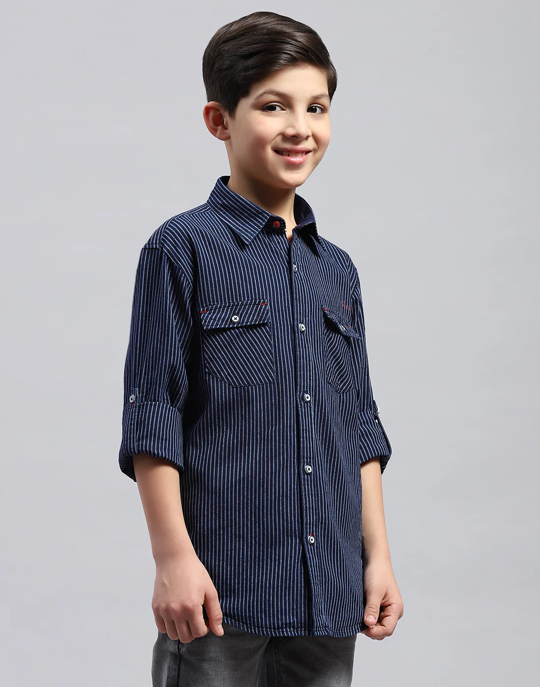 Boys Navy Blue Stripe Collar Full Sleeve Shirt - Image 4