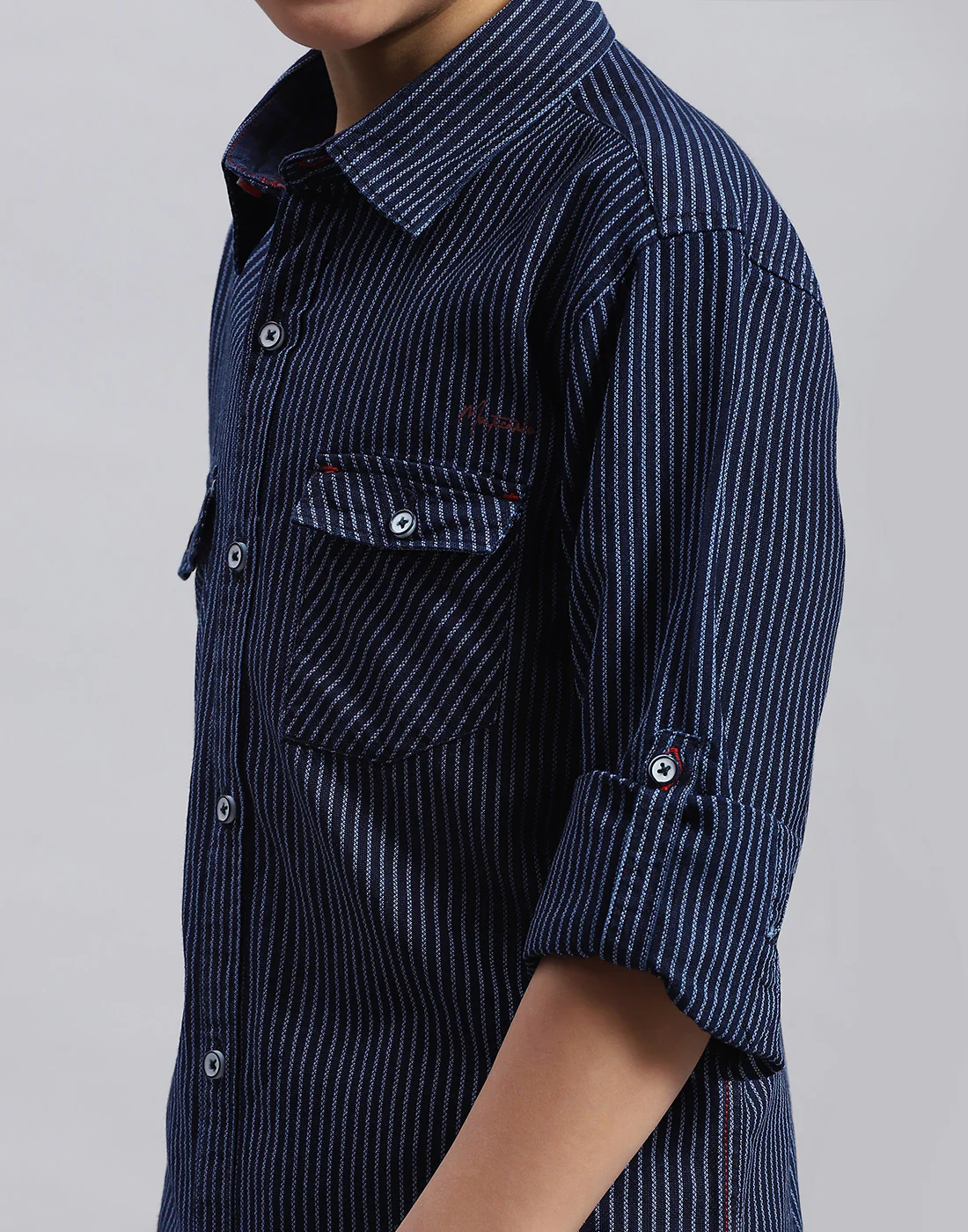 Boys Navy Blue Stripe Collar Full Sleeve Shirt - Image 6