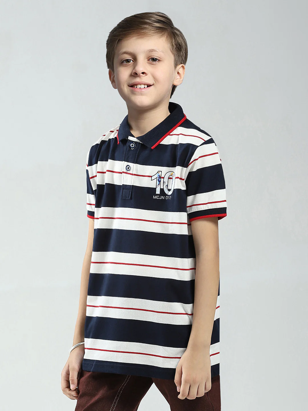 Boys Navy Blue Stripe Collar Half Sleeve T-Shirt - Image 3