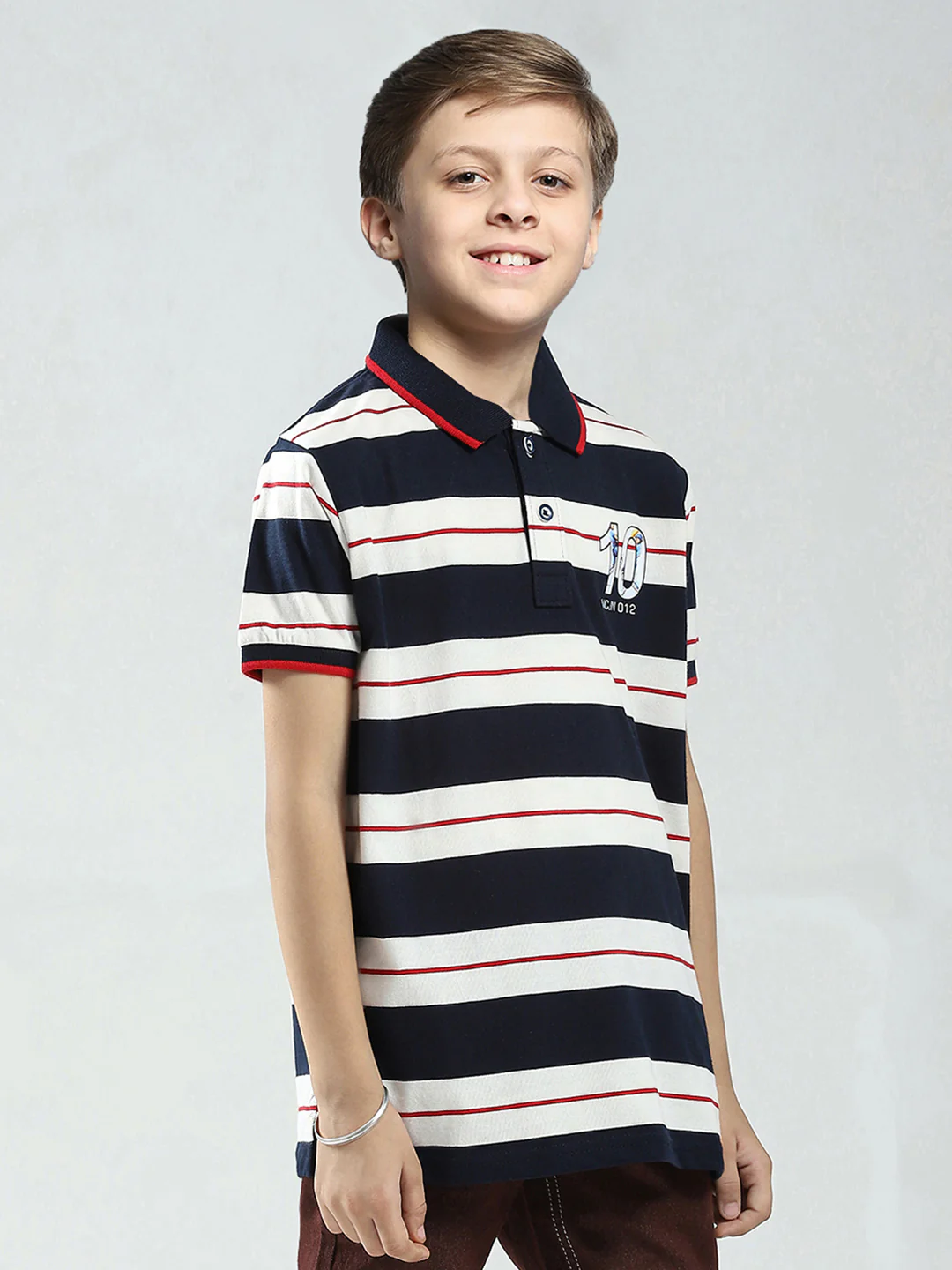 Boys Navy Blue Stripe Collar Half Sleeve T-Shirt - Image 4