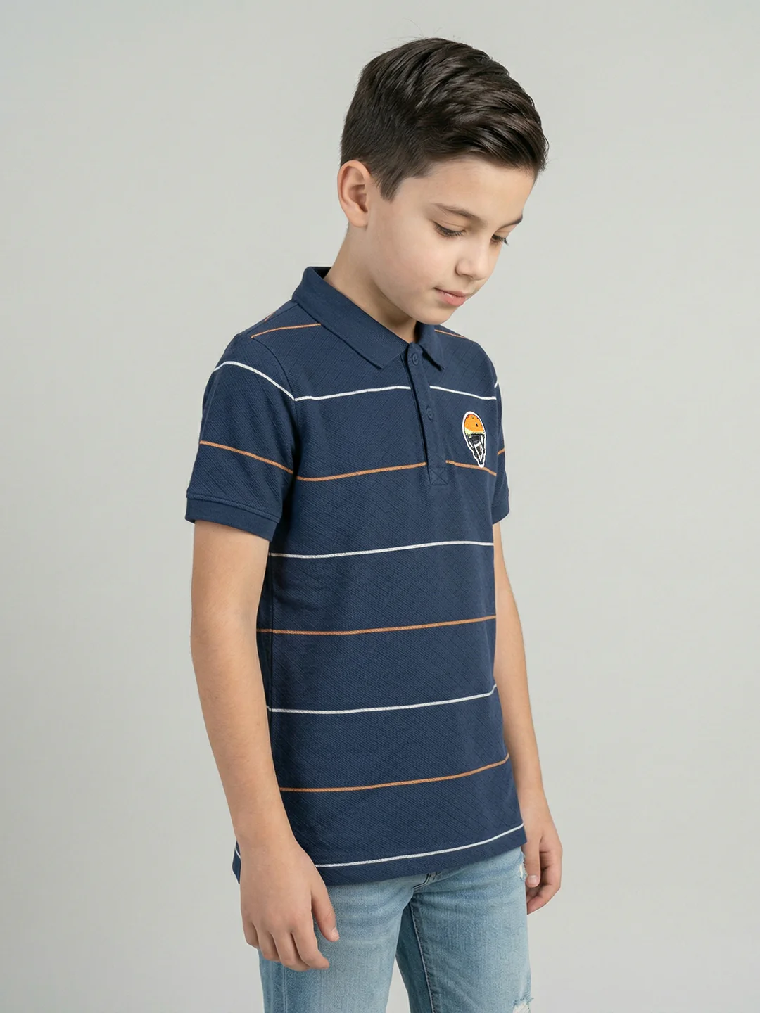 Boys Navy Blue Stripe Collar Half Sleeve T-Shirt - Image 2