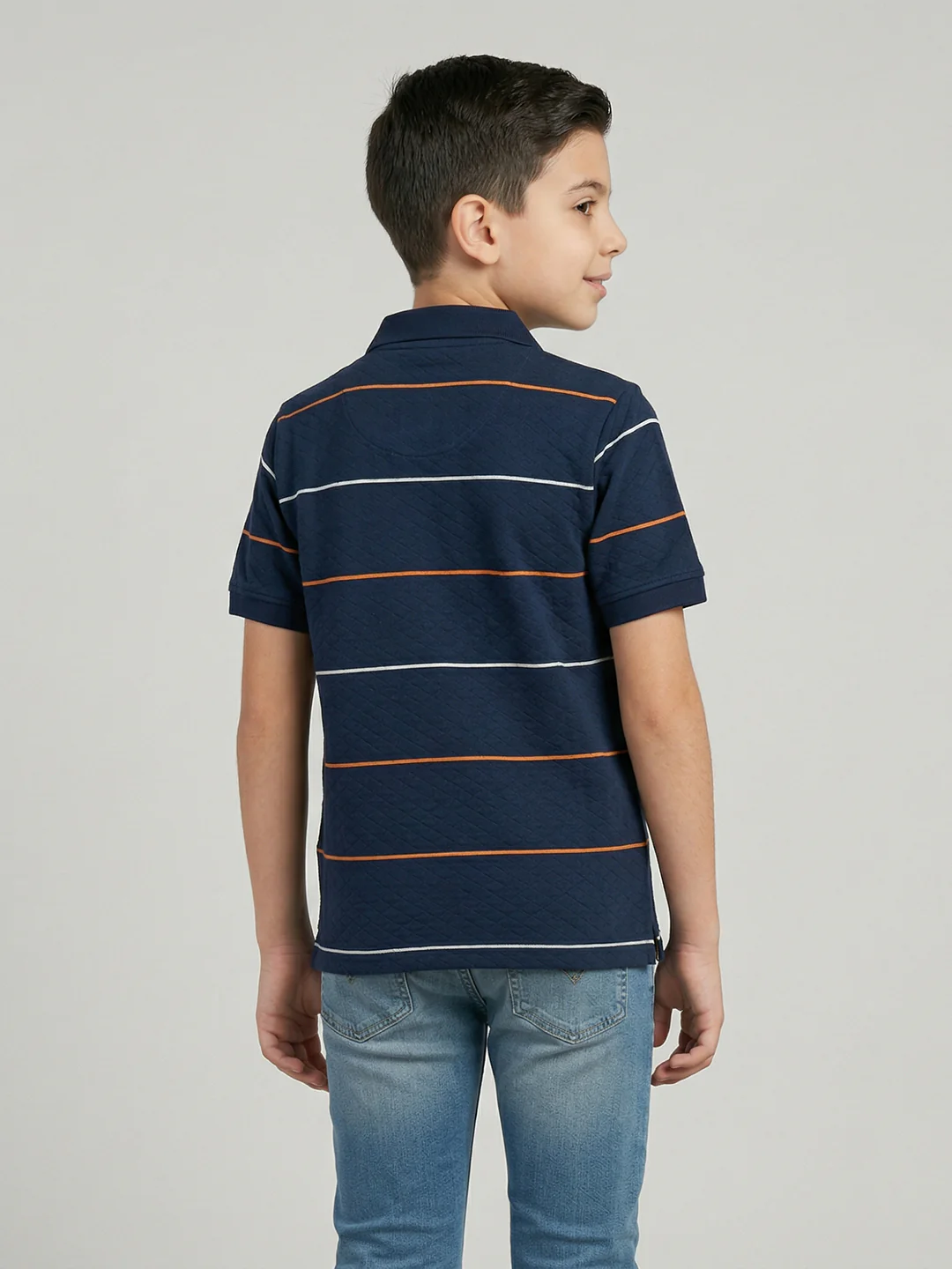Boys Navy Blue Stripe Collar Half Sleeve T-Shirt - Image 4