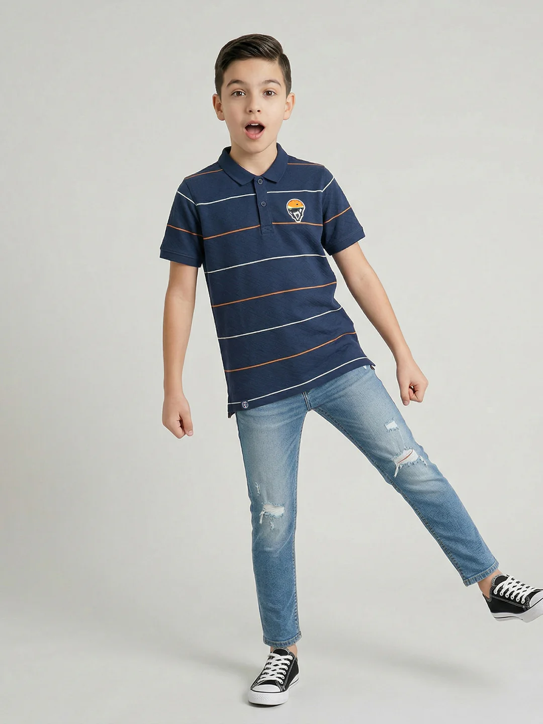 Boys Navy Blue Stripe Collar Half Sleeve T-Shirt - Image 5