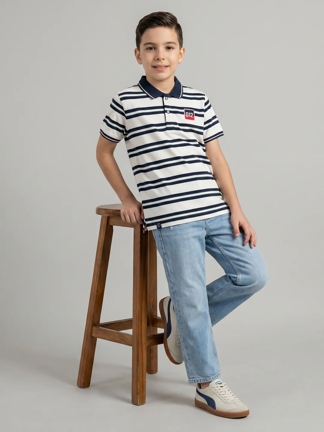 Boys Navy Blue Stripe Collar Half Sleeve T-Shirt - Image 4