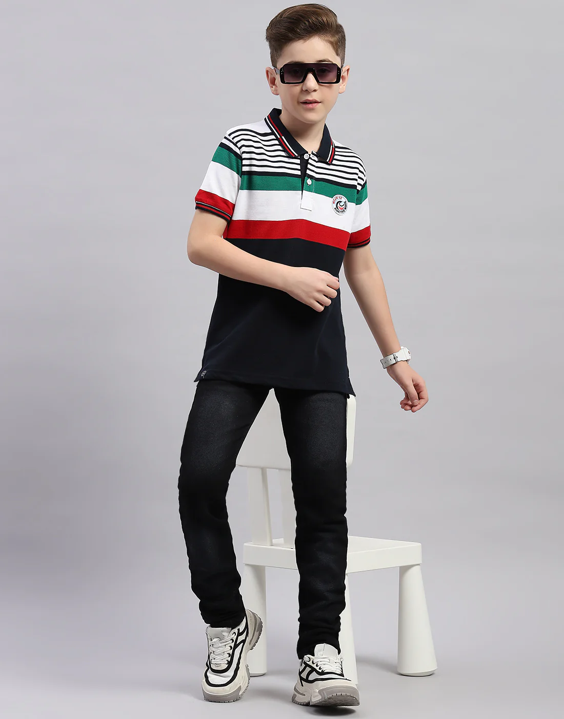 Boys Navy Blue Stripe Polo Collar Half Sleeve T-Shirt - Image 2