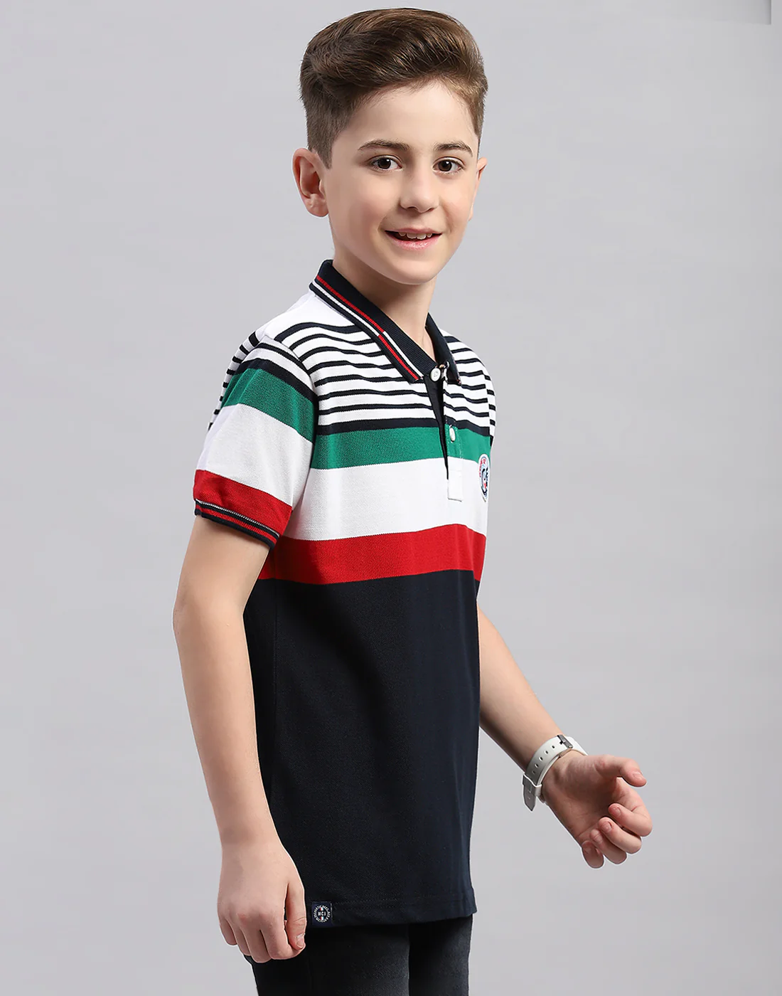 Boys Navy Blue Stripe Polo Collar Half Sleeve T-Shirt - Image 4