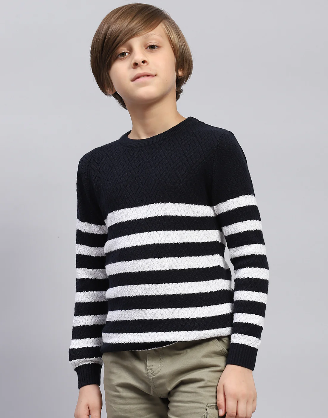 Boys Navy Blue Stripe Round Neck Full Sleeve Pullover - Image 2