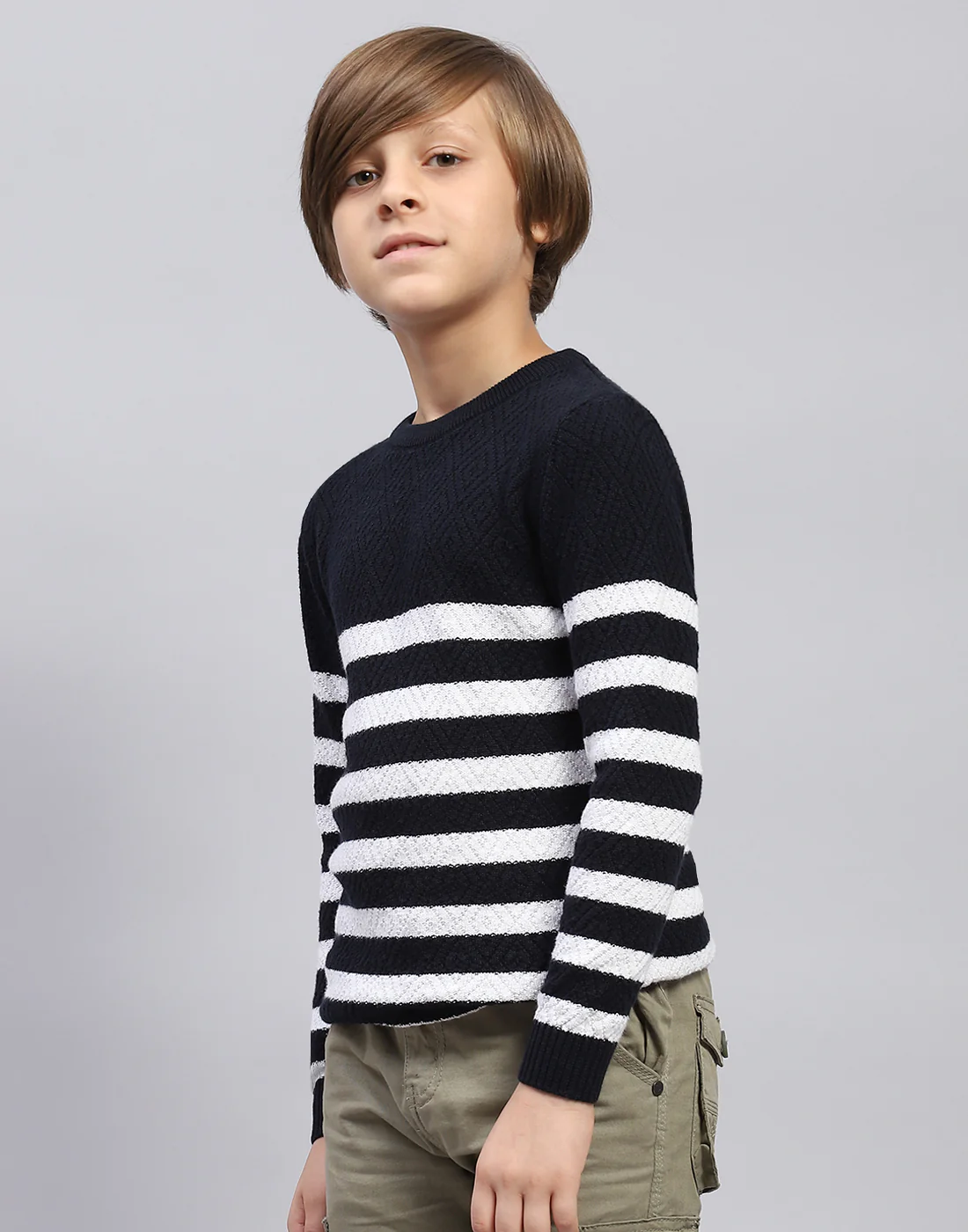 Boys Navy Blue Stripe Round Neck Full Sleeve Pullover - Image 3
