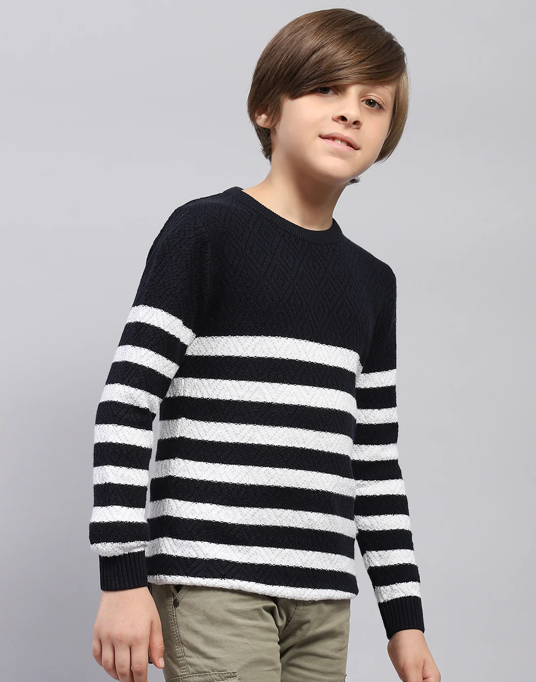 Boys Navy Blue Stripe Round Neck Full Sleeve Pullover - Image 4