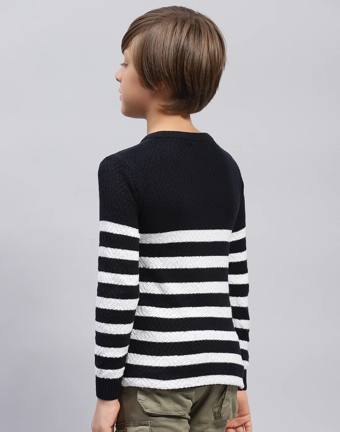 Boys Navy Blue Stripe Round Neck Full Sleeve Pullover - Image 5