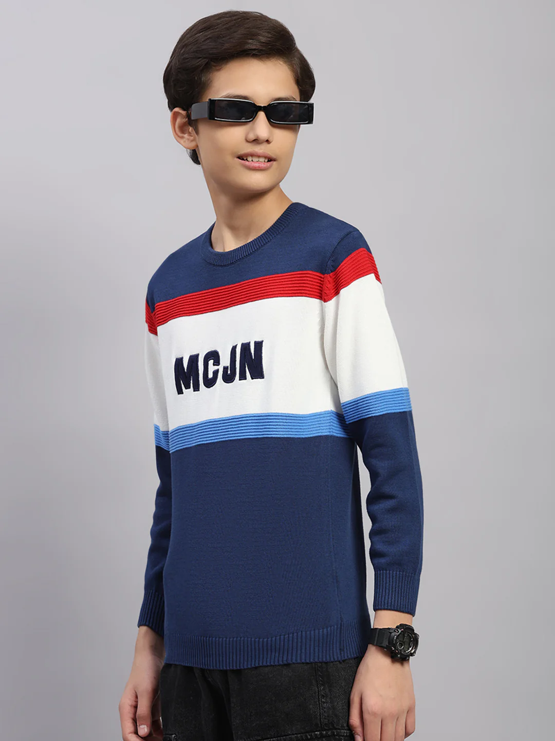 Boys Navy Blue Stripe Round Neck Full Sleeve Pullover - Image 3