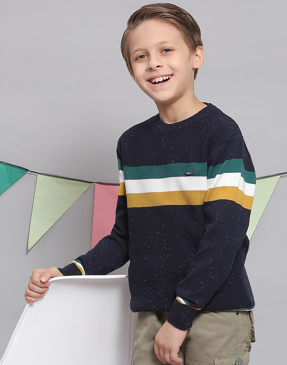 Boys Navy Blue Stripe Round Neck Full Sleeve Sweater - Image 2