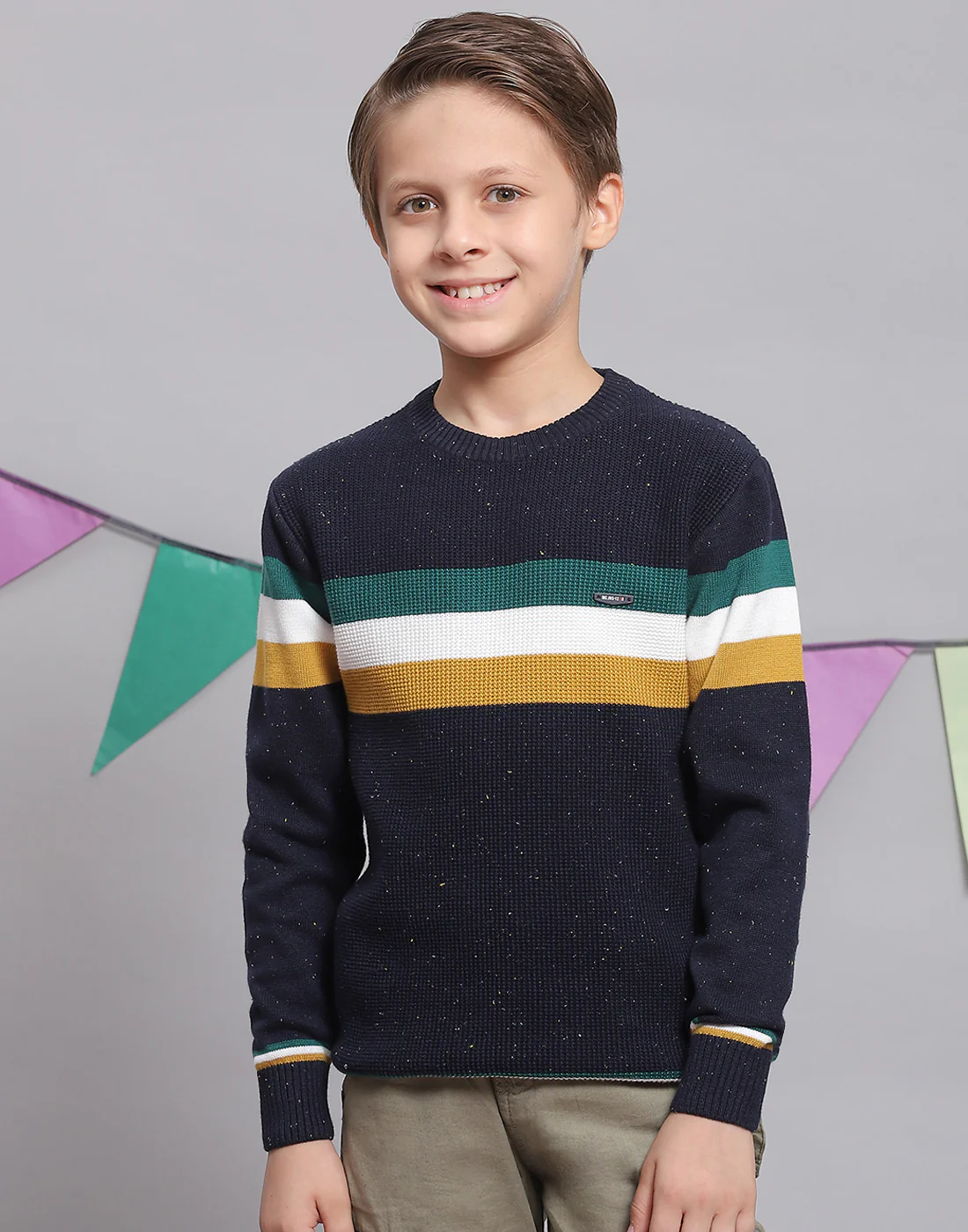 Boys Navy Blue Stripe Round Neck Full Sleeve Sweater - Image 3
