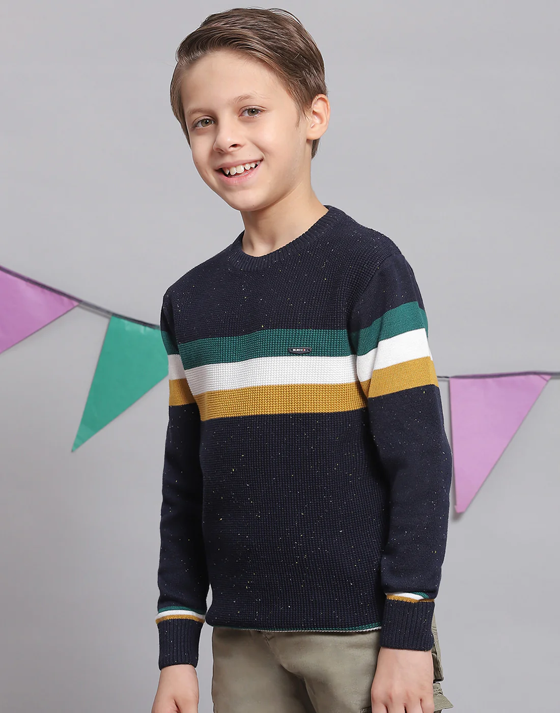 Boys Navy Blue Stripe Round Neck Full Sleeve Sweater - Image 4