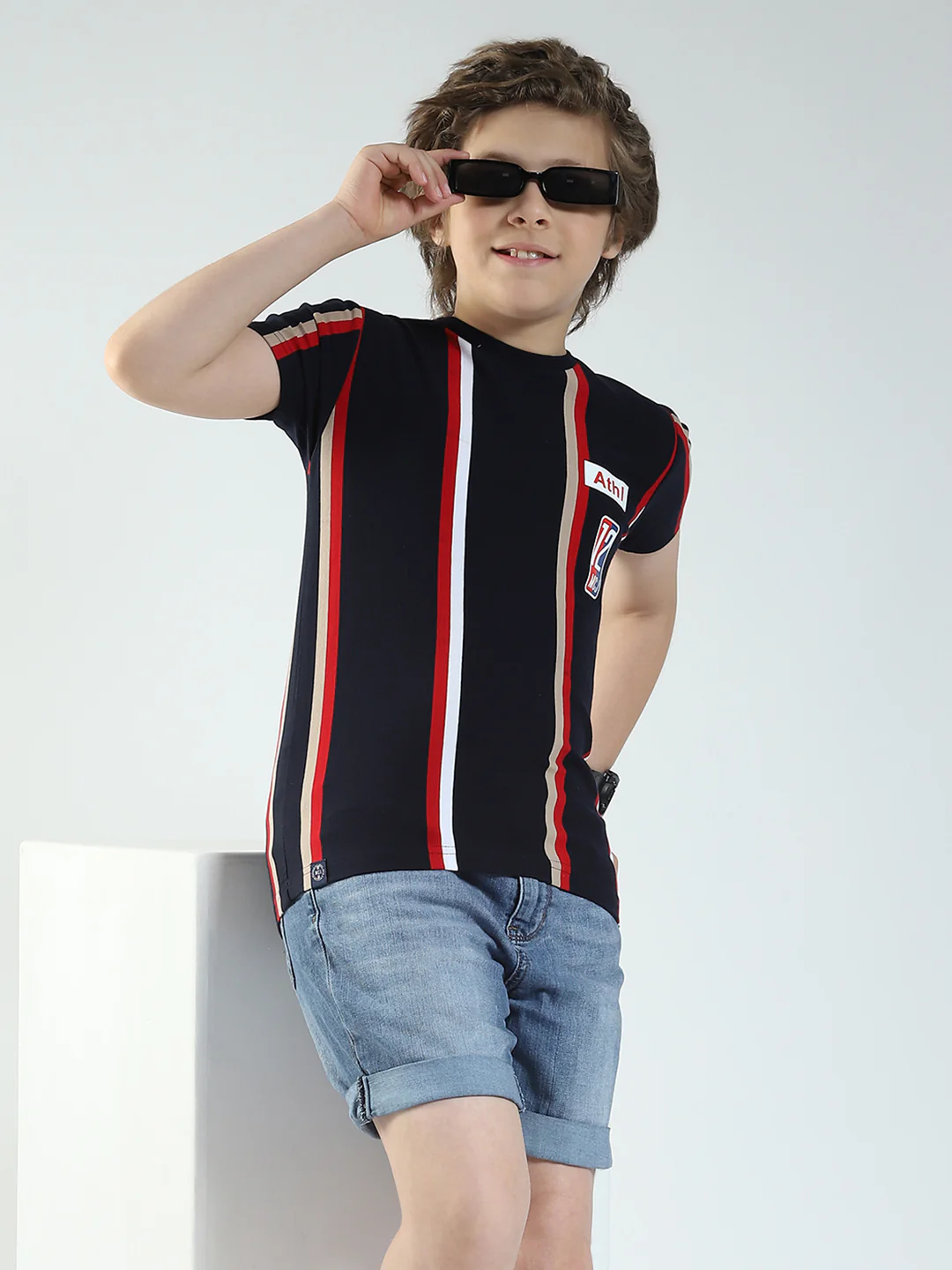 Boys Navy Blue Stripe Round Neck Half Sleeve T-Shirt - Image 6