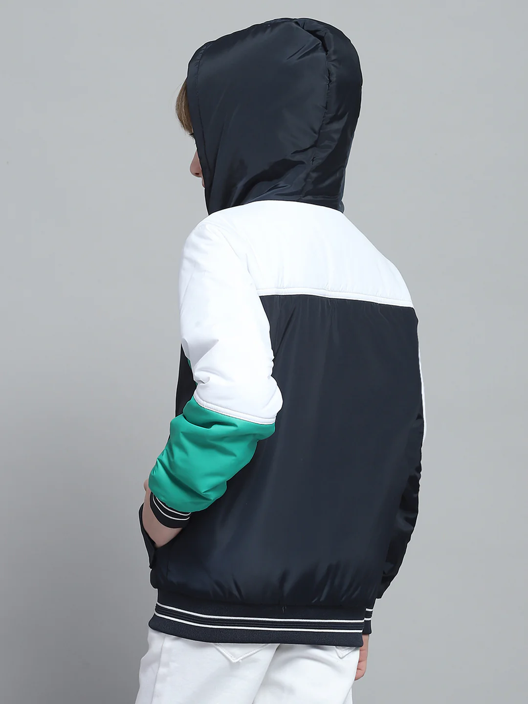 Boys Navy Blue & White Printed Hooded Full Sleeve Reversible Jacket - Image 5