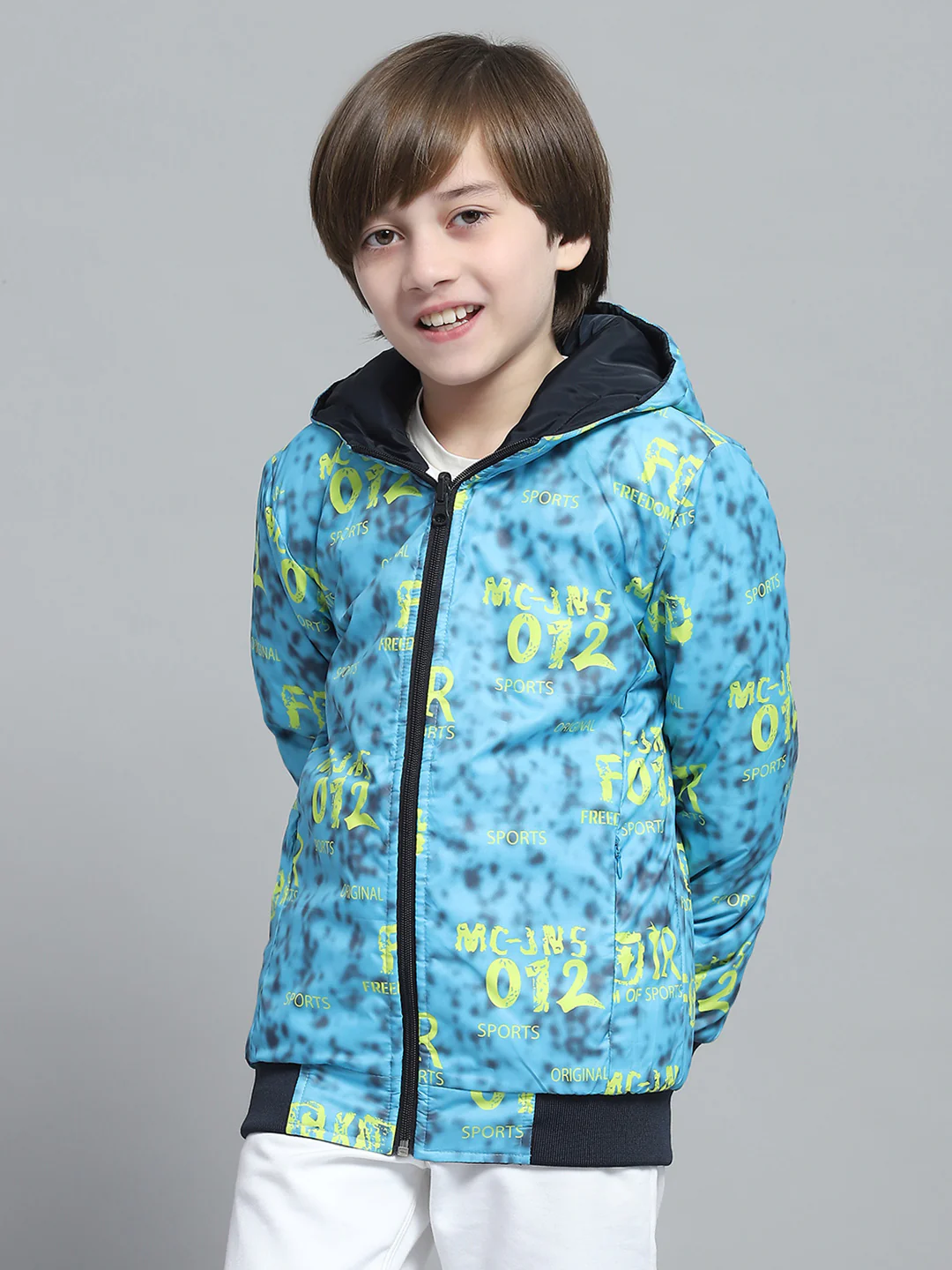 Boys Navy Blue & White Printed Hooded Full Sleeve Reversible Jacket - Image 6