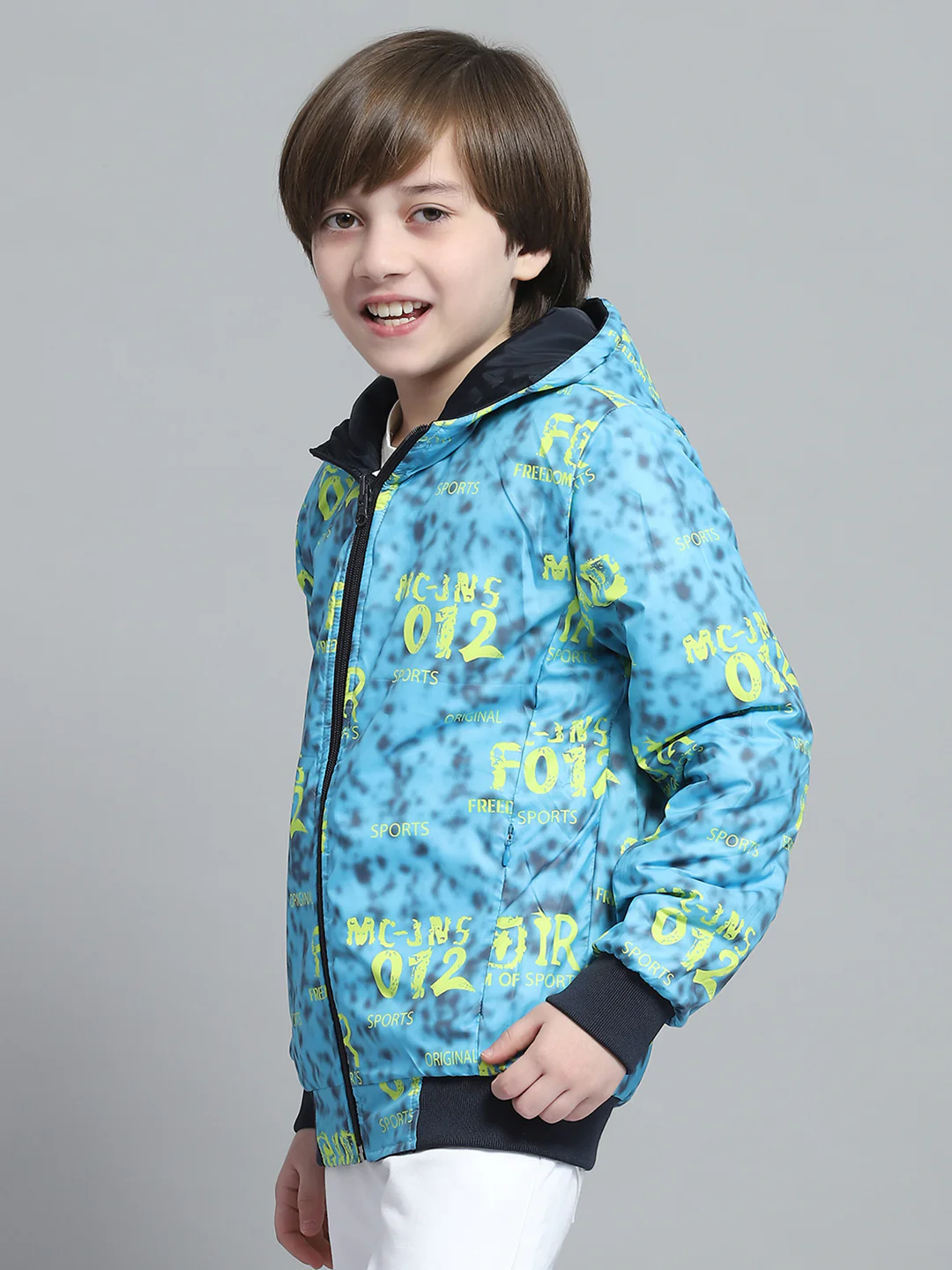 Boys Navy Blue & White Printed Hooded Full Sleeve Reversible Jacket - Image 7
