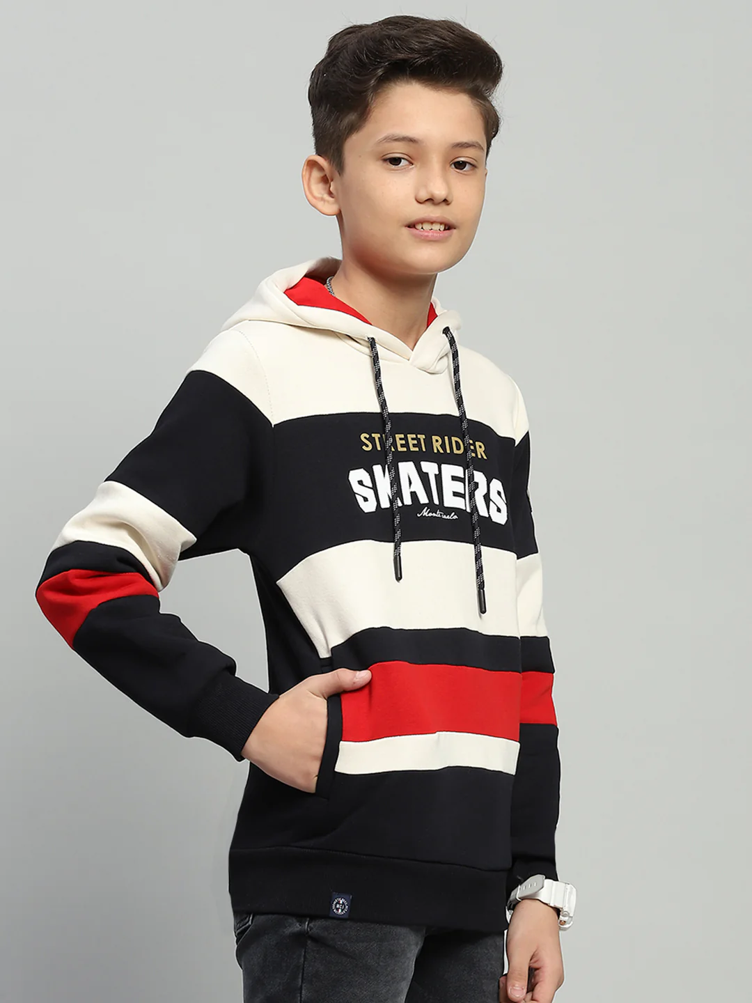 Boys Navy Blue & White Printed Hooded Full Sleeve Sweatshirt - Image 4