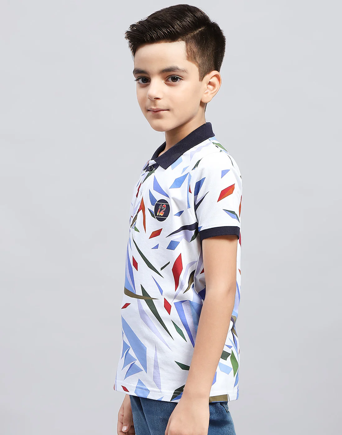 Boys Navy Blue & White Printed Polo Collar Half Sleeve T-Shirt - Image 3