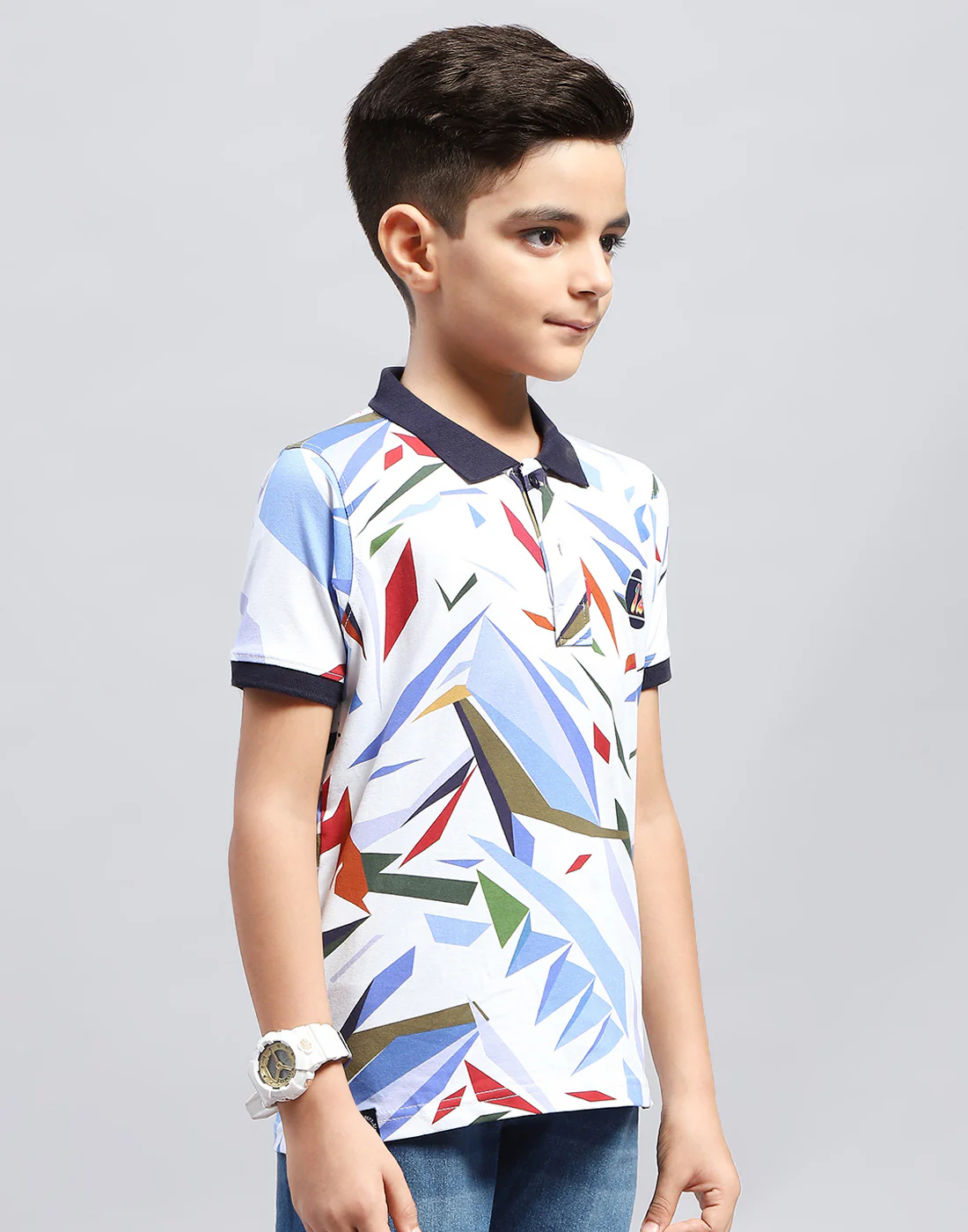 Boys Navy Blue & White Printed Polo Collar Half Sleeve T-Shirt - Image 4