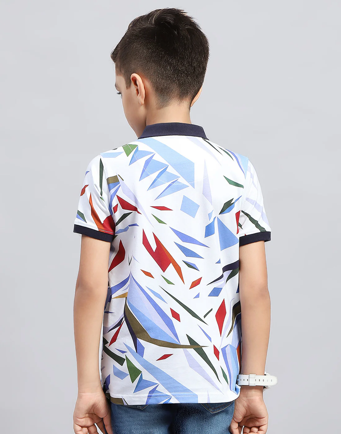 Boys Navy Blue & White Printed Polo Collar Half Sleeve T-Shirt - Image 5