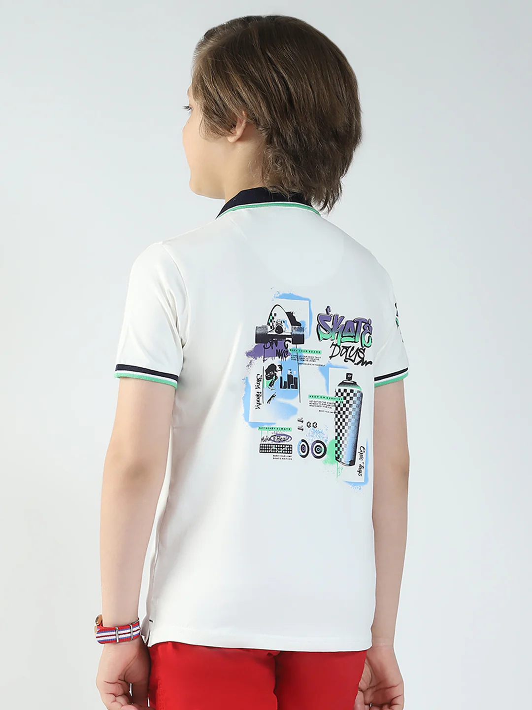 Boys Off White Printed Collar Half Sleeve T-Shirt - Image 5