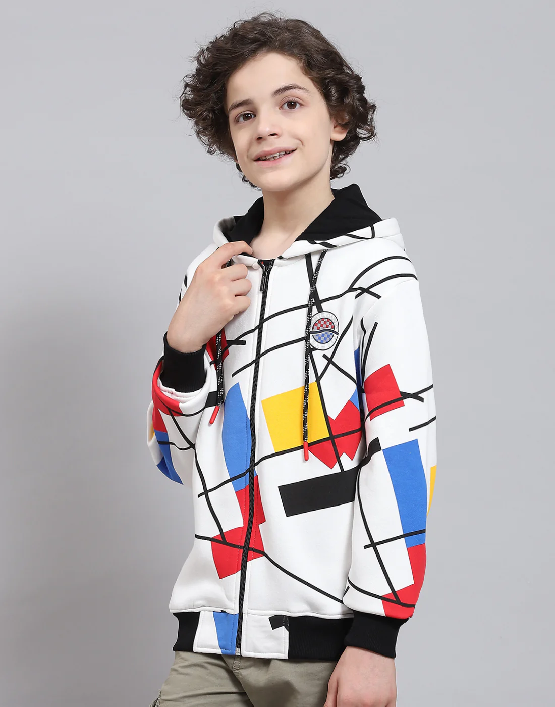 Boys Off White Printed Hooded Full Sleeve Sweatshirt - Image 3