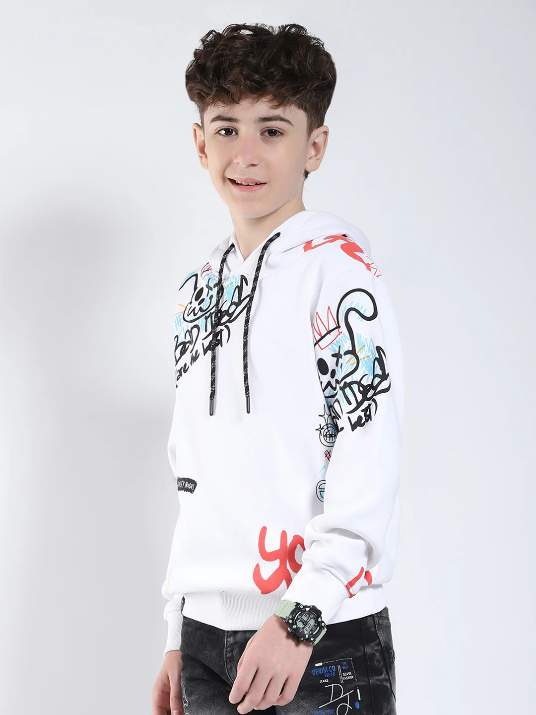 Boys Off White Printed Hooded Full Sleeve Sweatshirt - Image 3