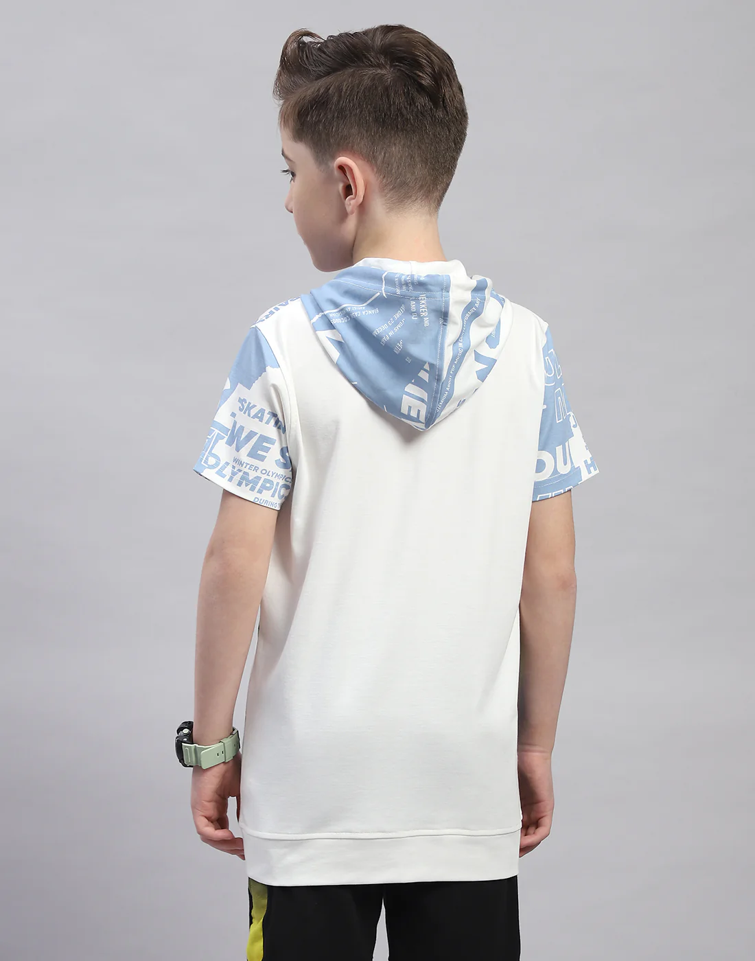 Boys Off White Printed Hooded Half Sleeve T-Shirt - Image 5