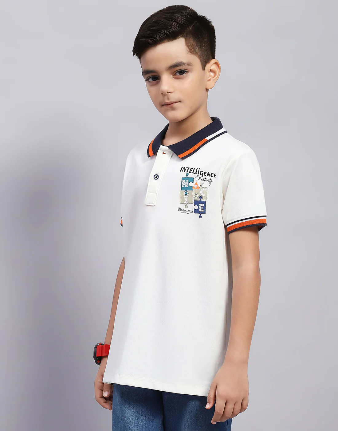 Boys Off White Printed Polo Collar Half Sleeve T-Shirt - Image 4
