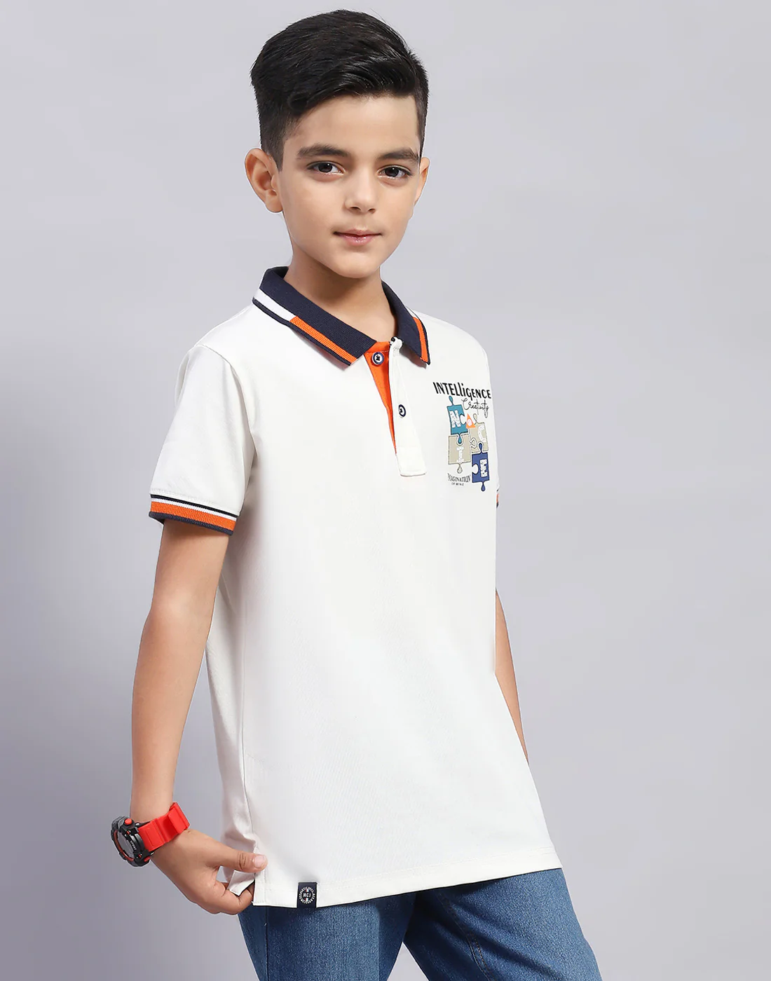 Boys Off White Printed Polo Collar Half Sleeve T-Shirt - Image 5