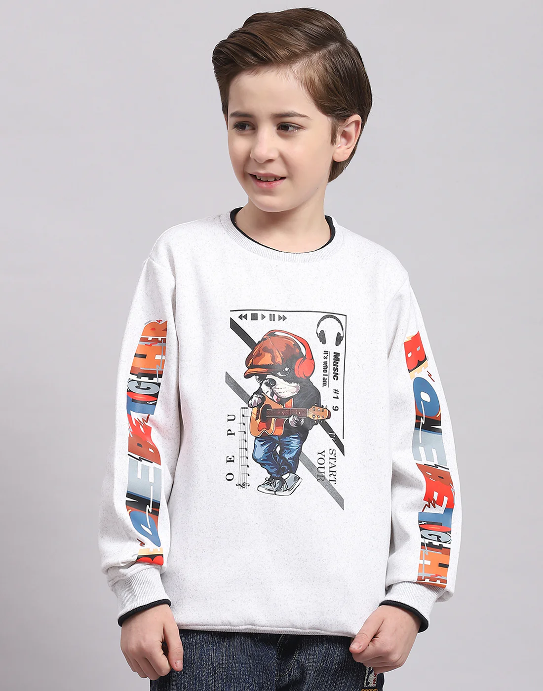 Boys Off White Printed Round Neck Full Sleeve Sweatshirt - Image 2