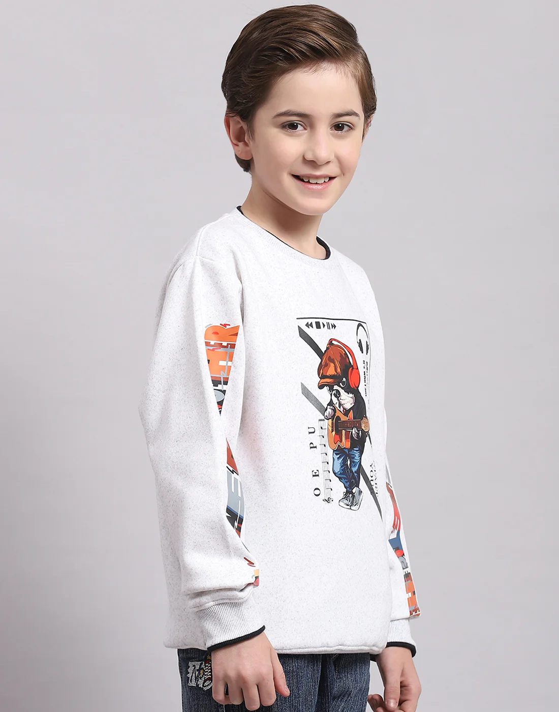 Boys Off White Printed Round Neck Full Sleeve Sweatshirt - Image 4