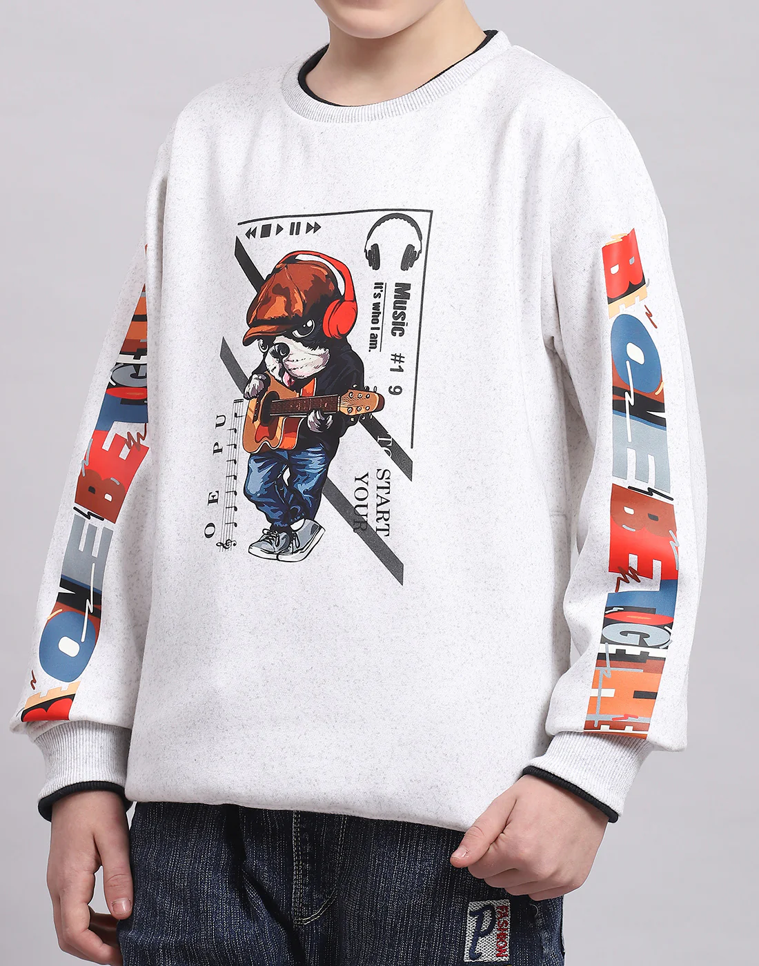 Boys Off White Printed Round Neck Full Sleeve Sweatshirt - Image 6