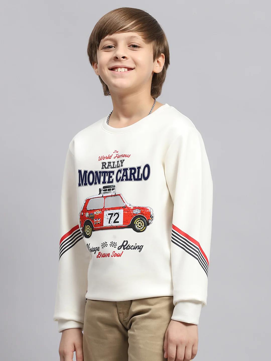 Boys Off White Printed Round Neck Full Sleeve Sweatshirt - Image 3