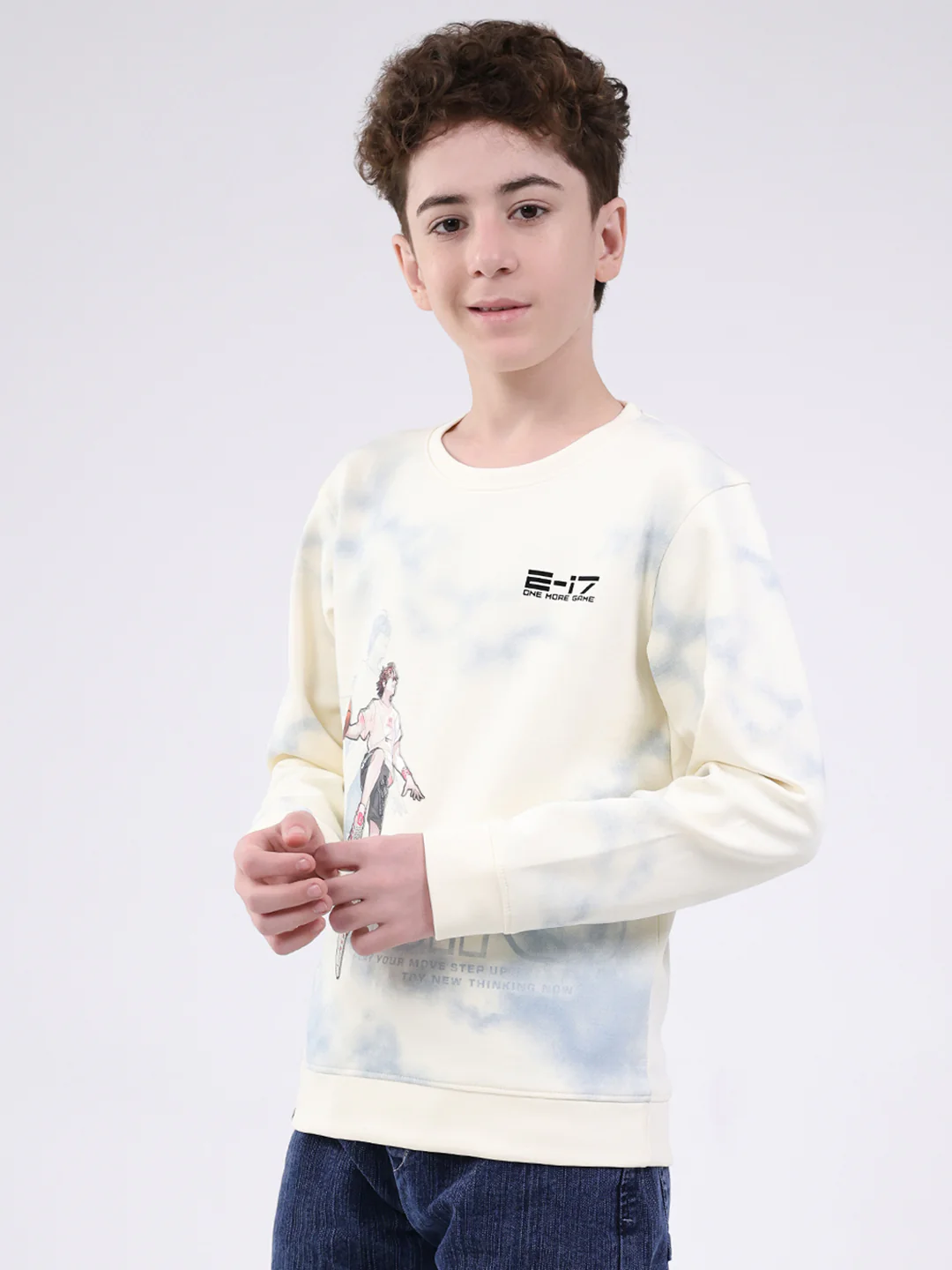 Boys Off White Printed Round Neck Full Sleeve Sweatshirt - Image 3
