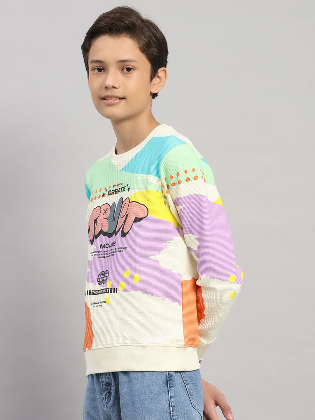 Boys Off White Printed Round Neck Full Sleeve Sweatshirt - Image 3