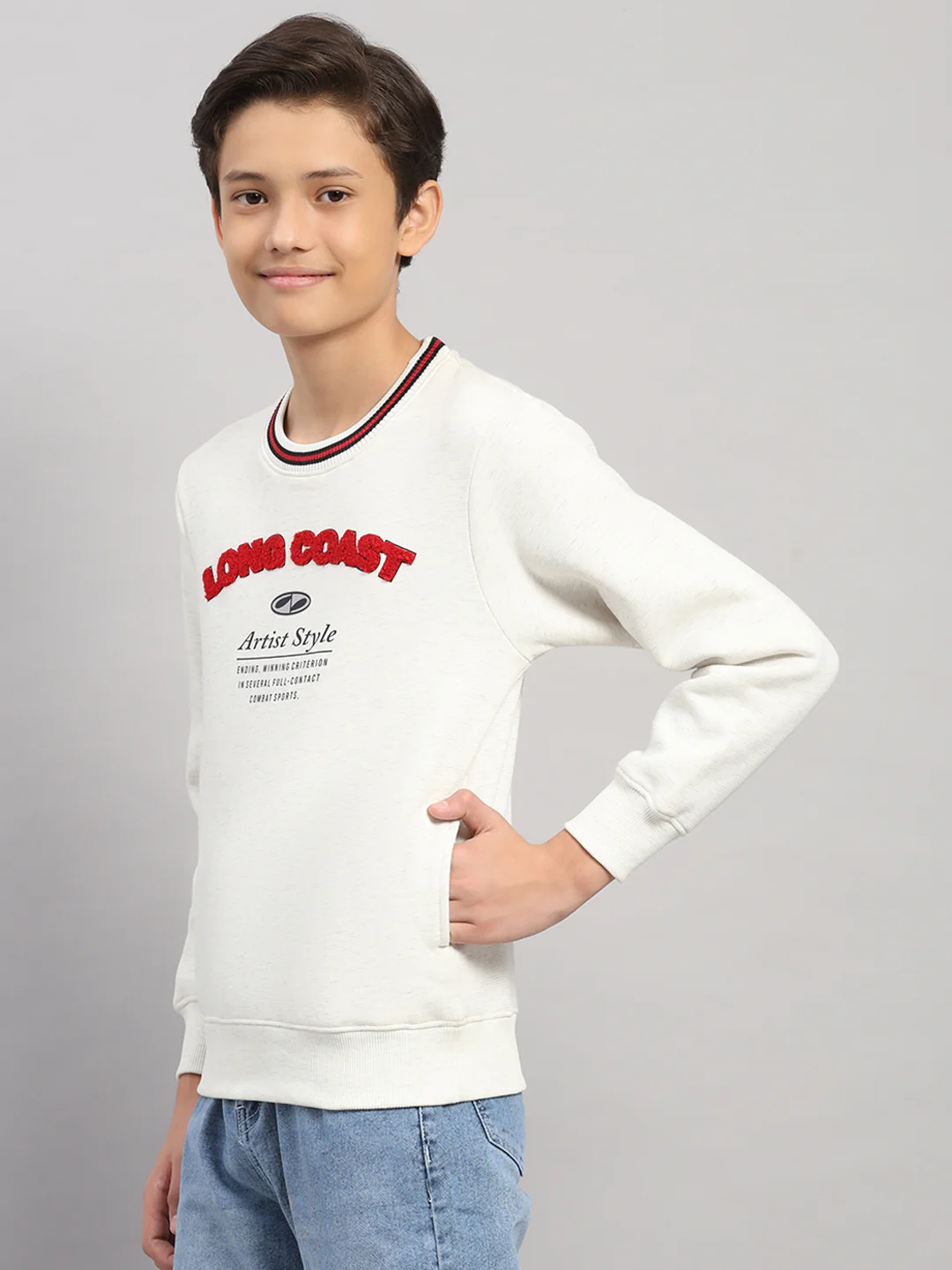 Boys Off White Printed Round Neck Full Sleeve Sweatshirt - Image 3