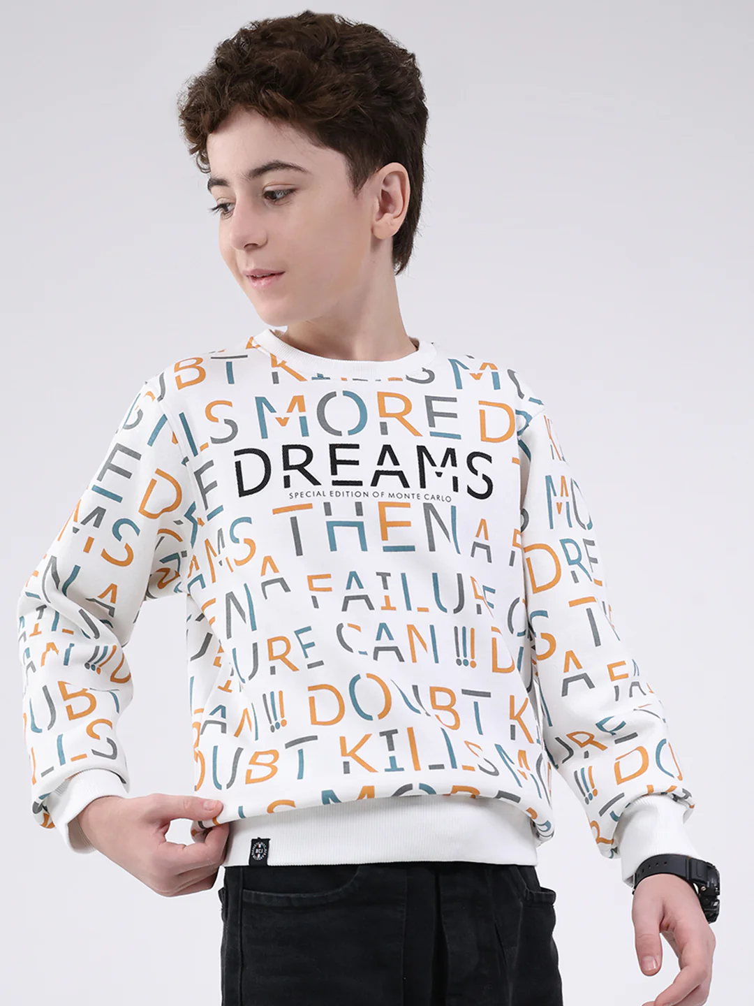 Boys Off White Printed Round Neck Full Sleeve Sweatshirt - Image 4