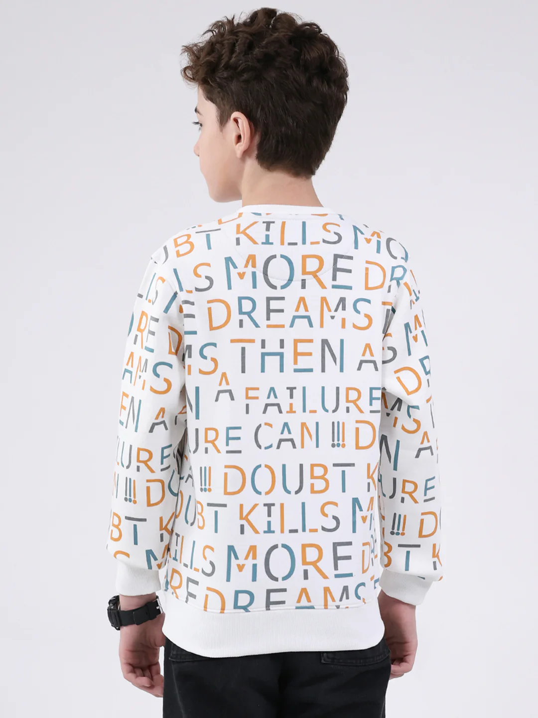 Boys Off White Printed Round Neck Full Sleeve Sweatshirt - Image 5