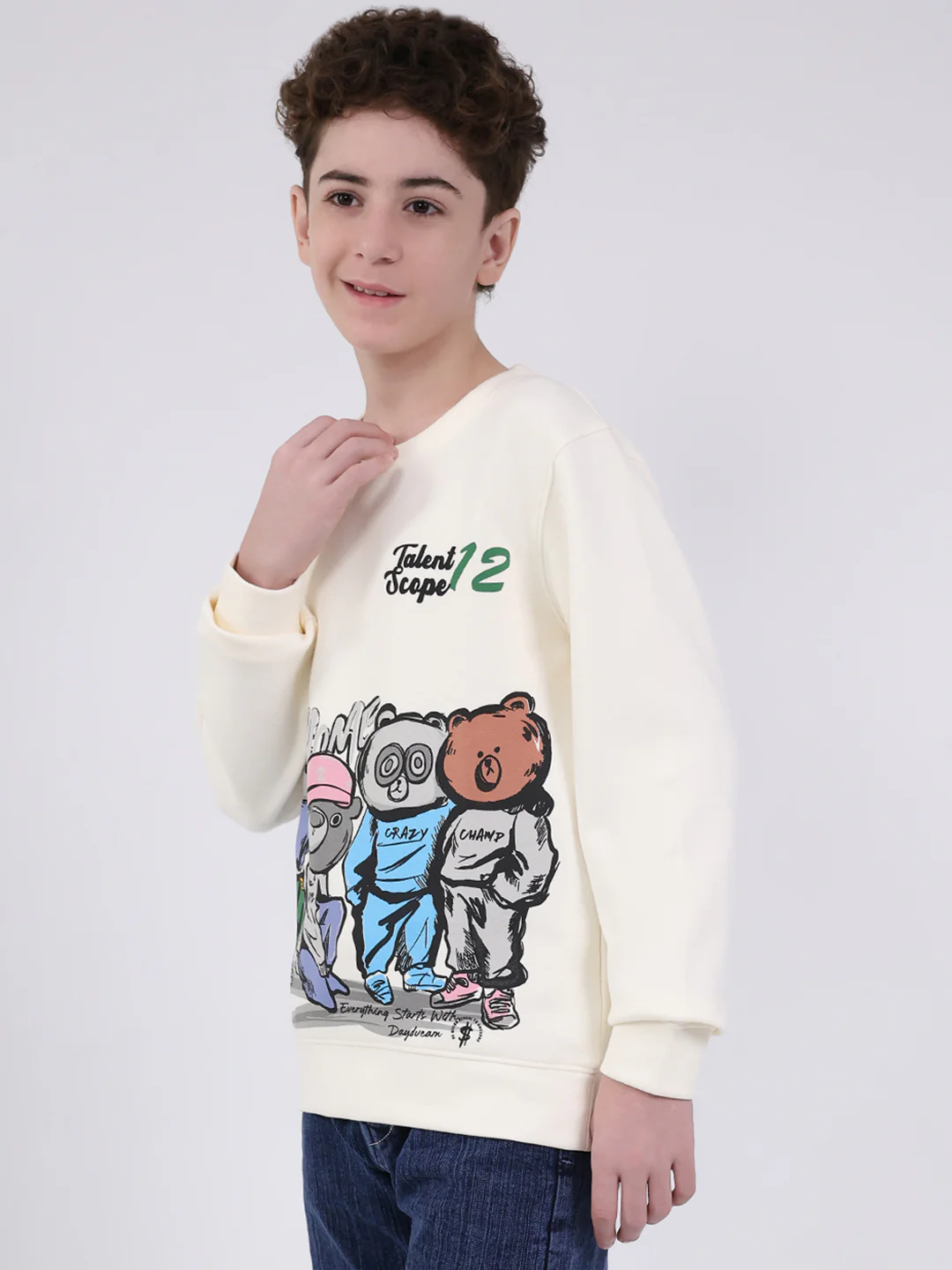 Boys Off White Printed Round Neck Full Sleeve Sweatshirt - Image 3