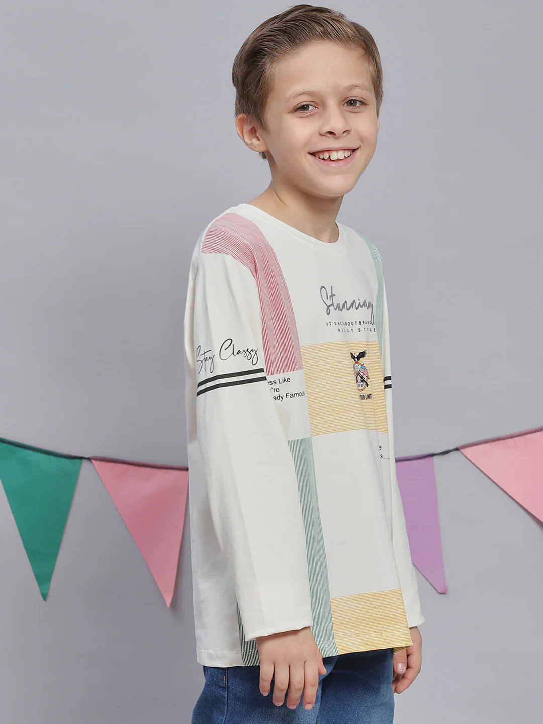 Boys Off White Printed Round Neck Full Sleeve T-Shirts - Image 4