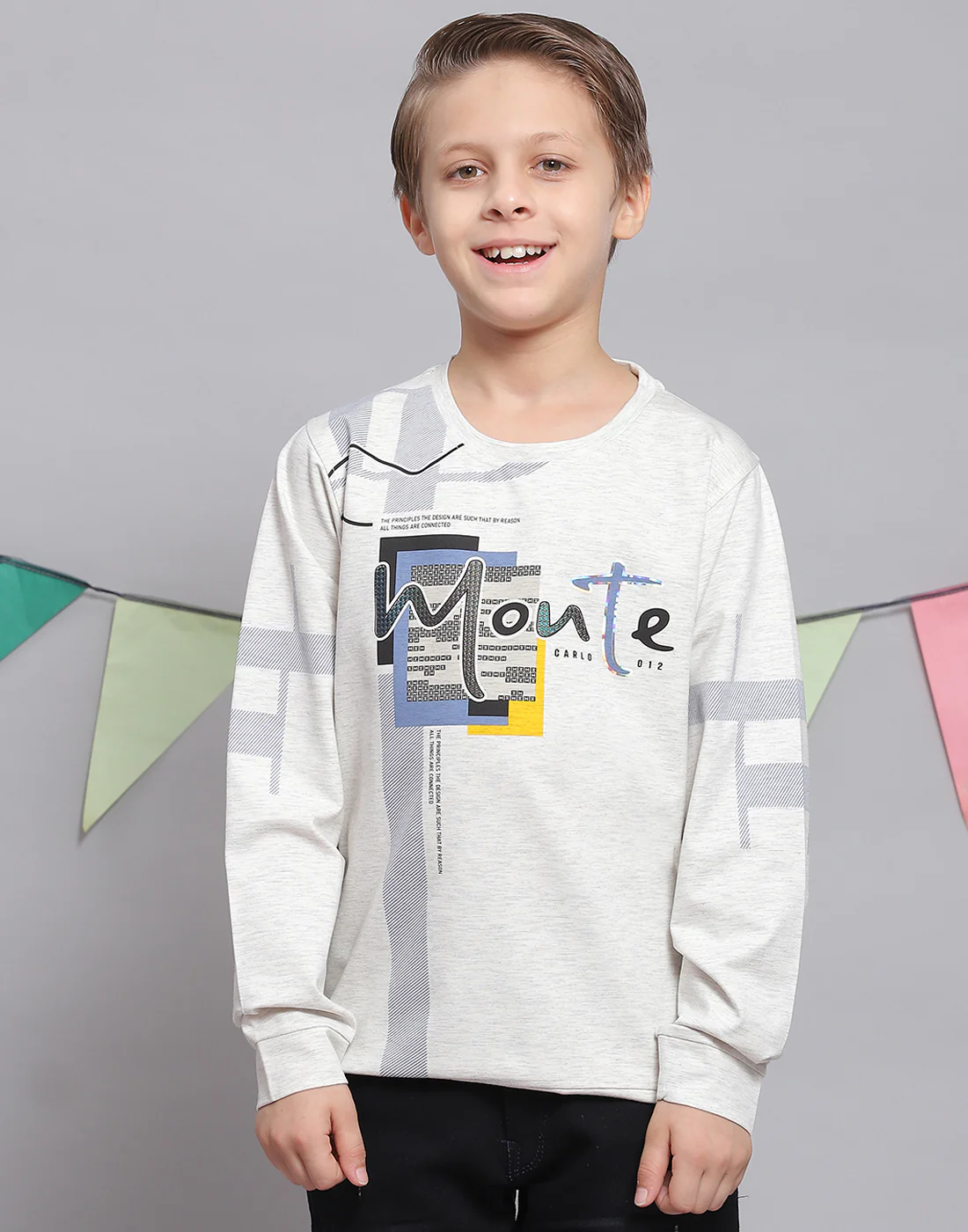 Boys Off White Printed Round Neck Full Sleeve T-Shirts - Image 2