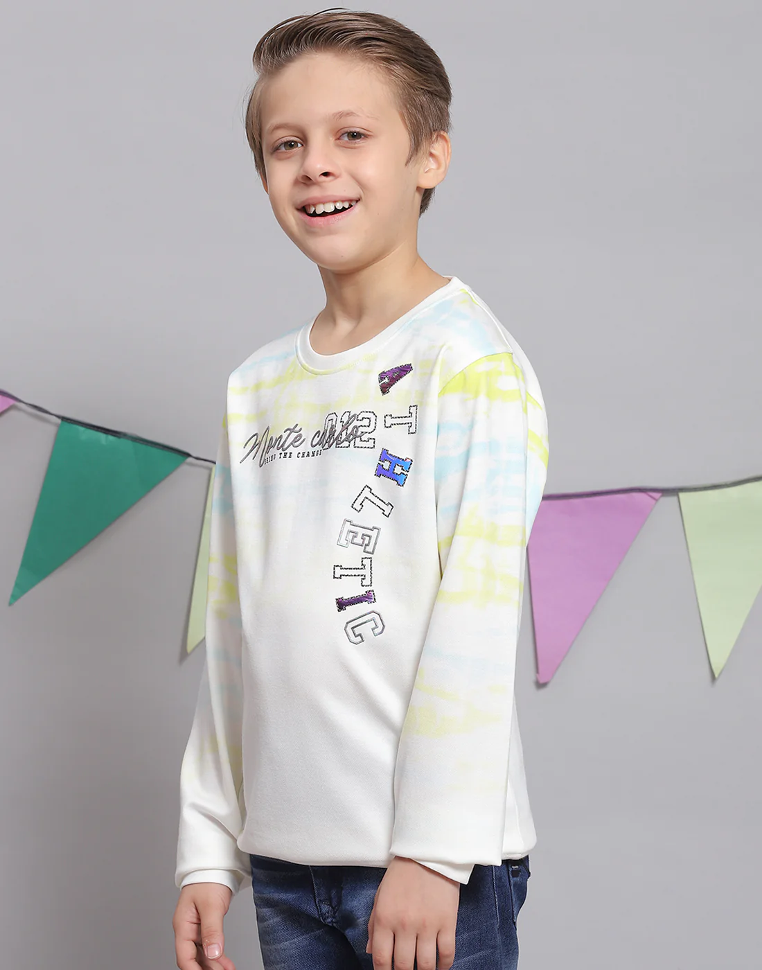 Boys Off White Printed Round Neck Full Sleeve T-Shirts - Image 3