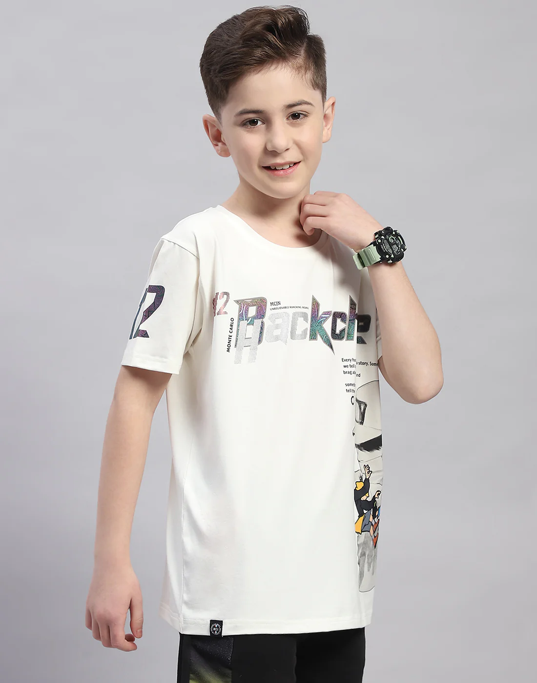 Boys Off White Printed Round Neck Half Sleeve T-Shirt - Image 4