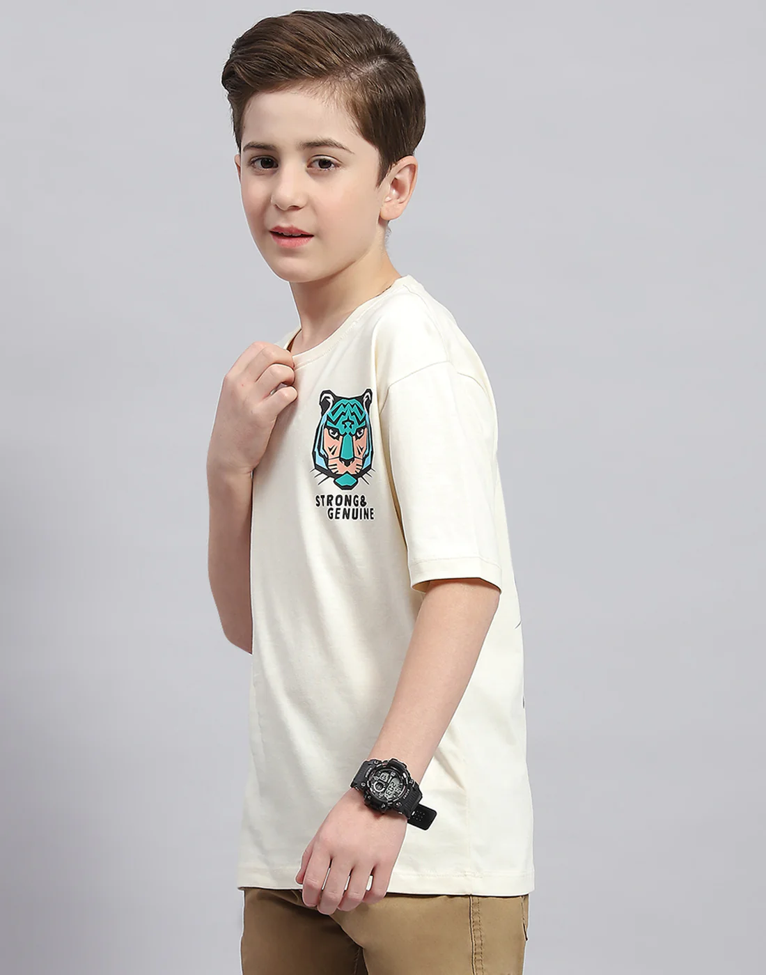 Boys Off White Printed Round Neck Half Sleeve T-Shirt - Image 3