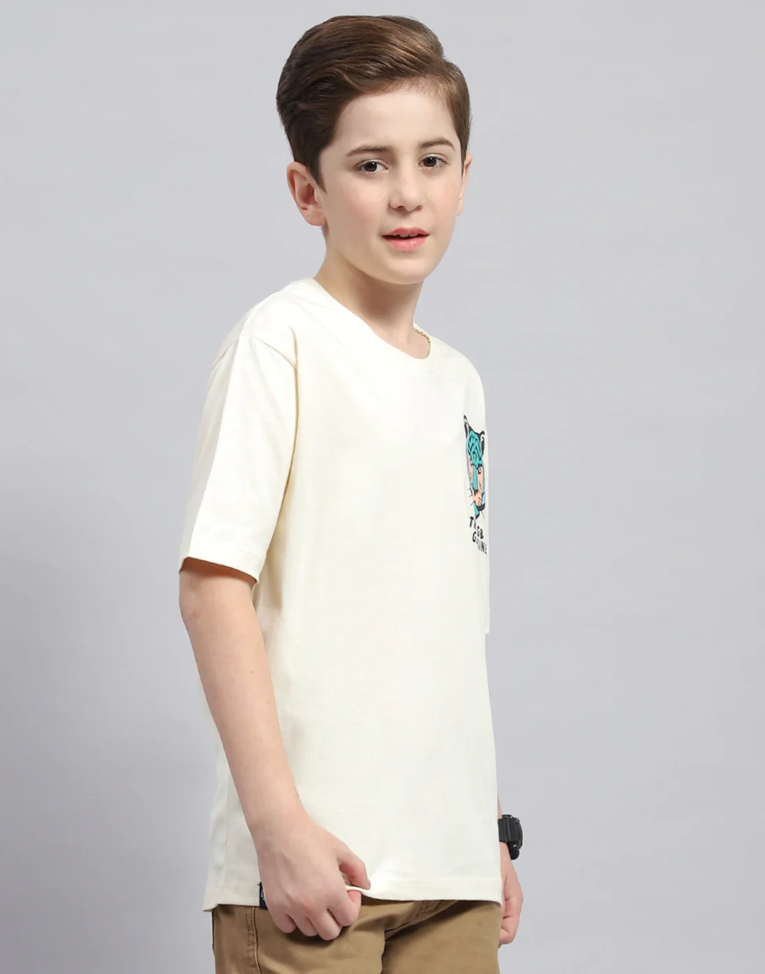 Boys Off White Printed Round Neck Half Sleeve T-Shirt - Image 4